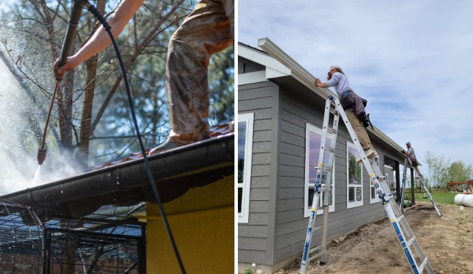gutter repair technician fixing leaking gutter and resealing seams on residential home